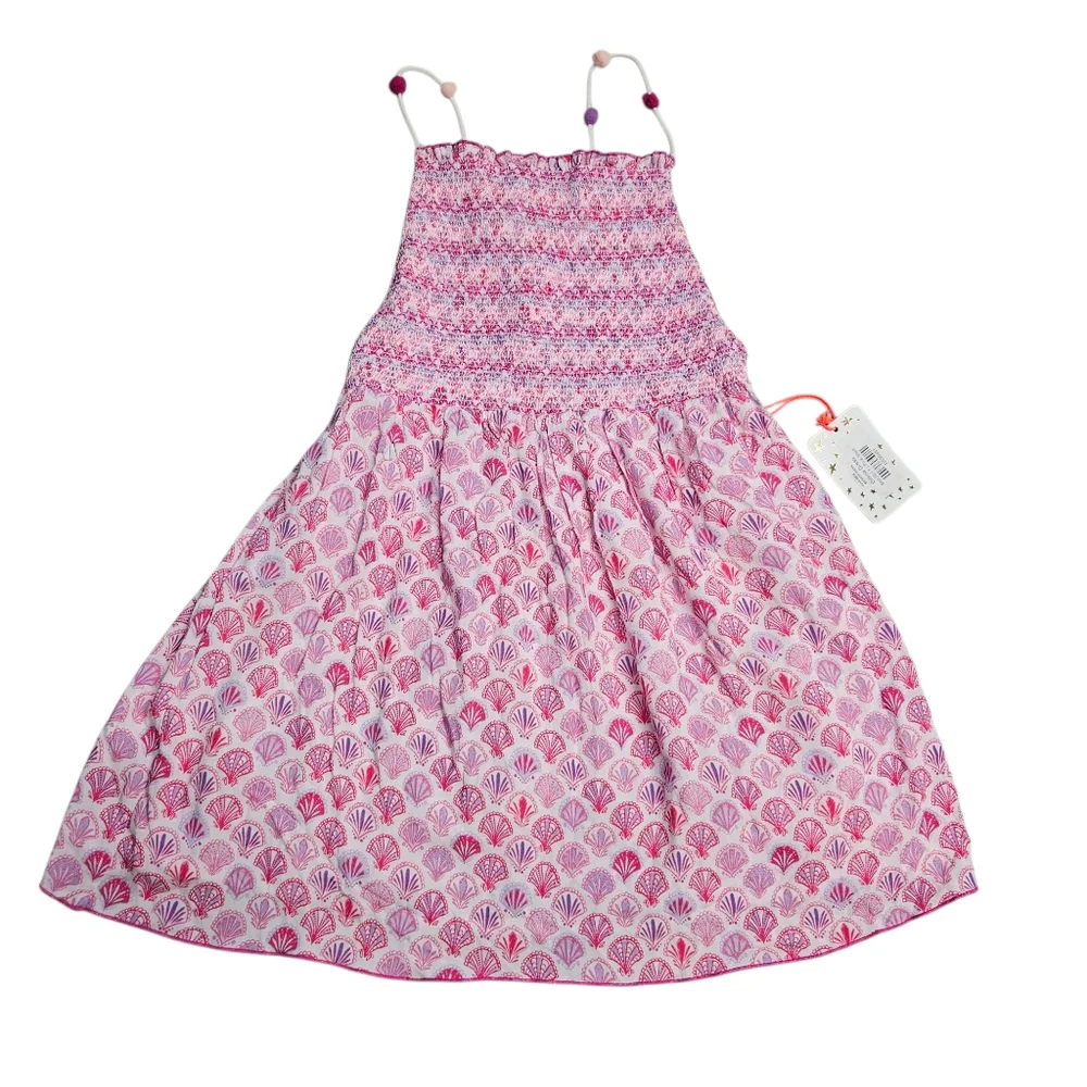 EGG New York Sirena Dress Pink Shell Print Girls 7 Smocked Front Pullover New